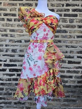 One-Shoulder Floral Ruffle Midi Dress in Yellow and Pink